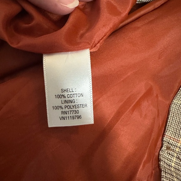 Trench coat. Brown w/white, orange/red, & yellow plaid pattern. Fully lined. - Picture 7 of 8